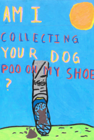 Dog Fouling poster featuring shoe with as exposed sole, showing dog poo along the bottom of the shoe with the slogan: Am i collecting your dog poo on my shoe?