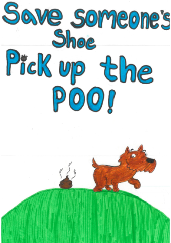 Dog Fouling poster featuring a dog walking away from a dog foul drawn in a cartoon style: Save someone's shoe pick up the poo!