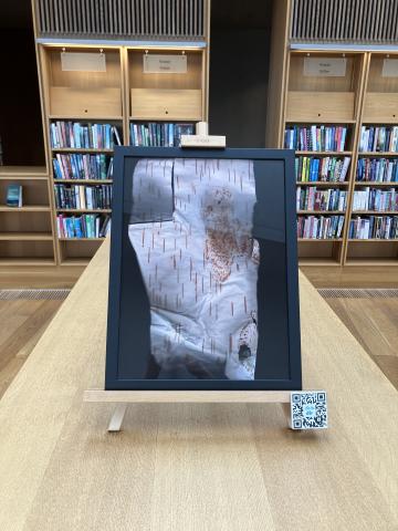 A chest height bookcase in dlr Lexicon Library with a framed artwork by Jonathan Brennan on top. The frame is black and the artwork is of tree bark scanned on a scanner flatbed