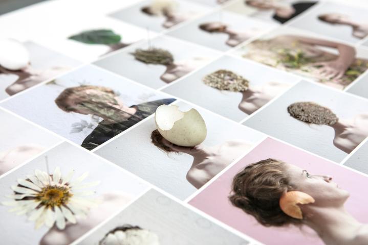 A close up photo of a print with many small photos of a womans head and shoulders. Some heads are facing forward while some are in profile. on top of the photos are items. for example, a cracked birds egg, a pressed daisy flower.