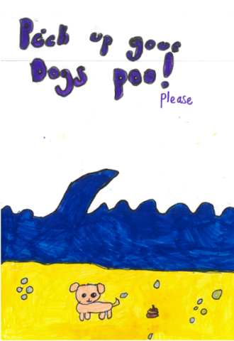 Dog Fouling poster featuring a small dog on a beach beside a dog poo with large waves in the backgroundwith the slogan:Pick up your dogs poo please