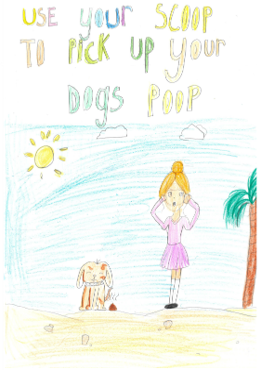 Dog Fouling poster featuring a personshocked to see dog poop beside their dog on the beach with the slogan: Use your scoop to pick up your dogs poop