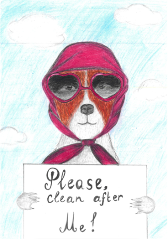 Dog Fouling poster featuring a dog wearing a head scarf holding up a sign that says please clean up after me