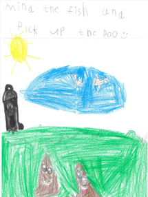Dog Fouling poster featuring a bin thinking of the fish in the sea and two poops smiling on the grass with the slogan: Mind the fish and pick up the poo