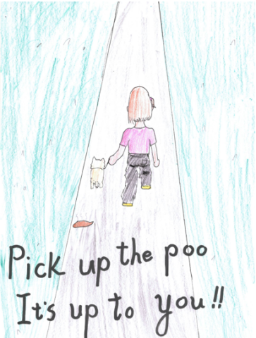 Dog fouling awareness poster from Our Lady's Grove with the slogan: Pick up the poo, its up to you