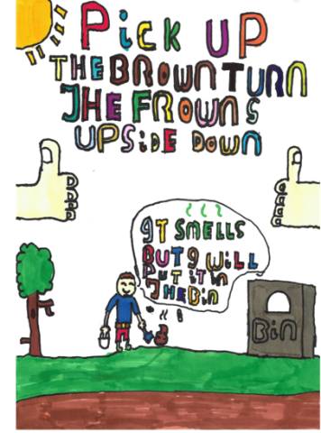 Dog fouling awareness poster from St. Brigid's BNS with the slogan: Pick up the brown turn the frown upside down