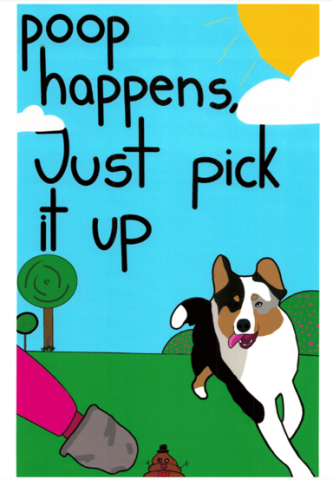 Dog fouling awareness poster from Dun laoghaire ETNS with the slogan: Poop happens, just pick it up