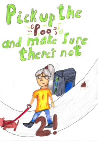Dog Fouling poster featuring Dog poo outiside a belly bin with the slogan: Pick up the poo and make sure its not 2