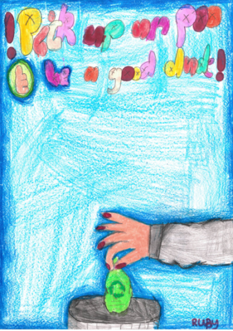 Dog Fouling poster featuring a doog poo bag being placed in a bin with the slogan: pick up the poo be a good dude