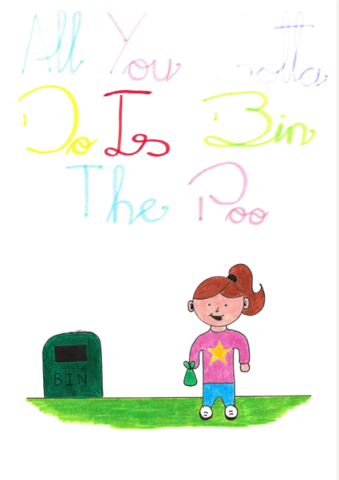 Dog Fouling poster featuring a young person holding a poo bag outside a belly bin with the slogan: All you better do is bin the poo