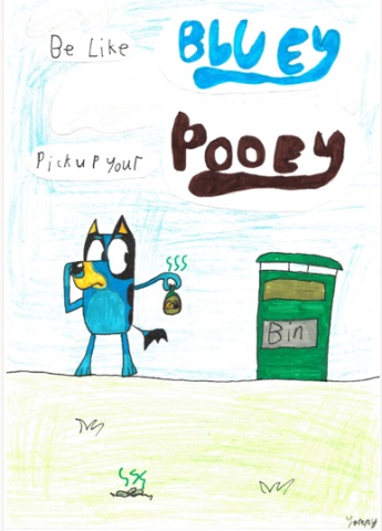 Dog Fouling poster featuring Bluey the cartoon picking up a smelly poo bag with the slogan: Be like Bluey pick up the pooey