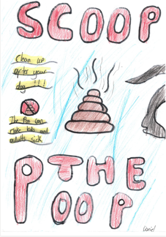 Dog Fouling poster featuring A close up of Dog Foul with a dog walking away with the slogan: Scoop the poop