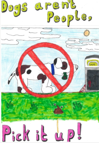 Dog Fouling poster featuring a dog carrying a poo bag in its mouth with a large imposed red cross going through the image with the slogan: Dogs aren't people, pick it up