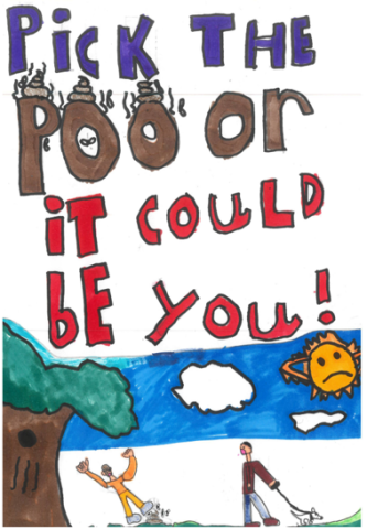 Dog Fouling poster featuring two people on a walk outside with one having stepped in some dog poo and the other holding a dog. with the slogan: Pick up the poo or it could be you