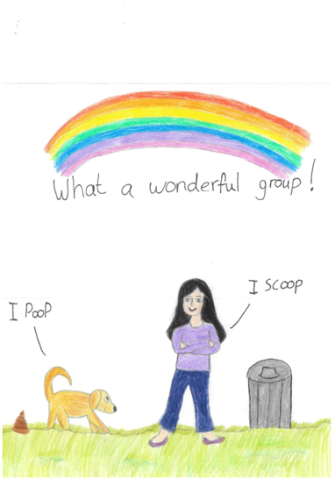 Dog Fouling poster featuring a dog beside a dog poo saying &quot;I poop&quot; and a human saying &quot;I scoop&quot; with a rainbow background: I poop, I scoop