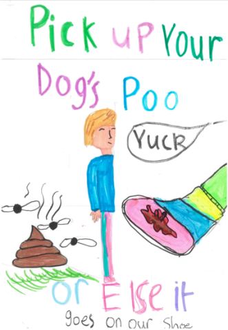 Dog Fouling poster featuring one panel showing a person walking near some poo and a second panel with the dog poo on their shoewith the slogan:Pick up your dogs poo or else it goes on your shoe