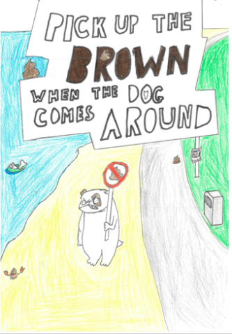 Dog Fouling poster featuring a grumpy dog on a beach holding a sign with dog poo with a red cross through it in is hand with the slogan: Pick up the brown when the dog comes around.