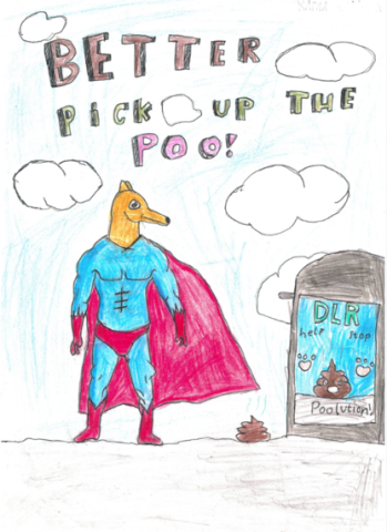 Dog fouling awareness poster from Monkstown ETNS with the slogan: Better pick up the poo, Help stop pollutions