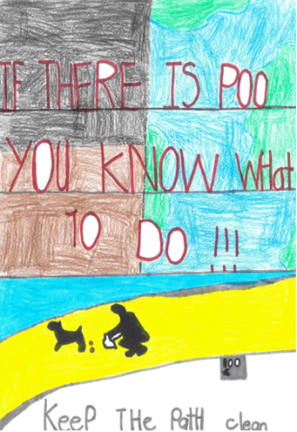Dog Fouling poster featuring an image of a beach with a silhouette of a person picking up dog poo. Above them there is the slogan : If there is poo you know what to do!!!