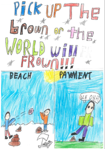 Dog Fouling poster featuring a panel with people playing on a beach with dog poo around and a second panel with one person standing in the dog poo with the slogan: pick up the brown or the world will frown!!!