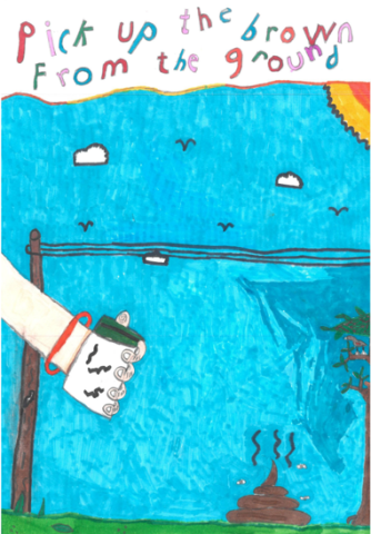 Dog Fouling poster featuring a hand reaching towards a dog poo with a bag in hand with the slogan: Pick up the brown from the ground