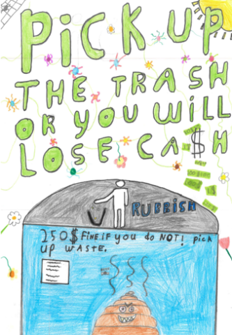 Dog Fouling poster featuring a belly bin with details of the dog fouling fine with the slogan: Pick up the trash or you will lose cash