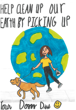 Dog Fouling poster featuring a as person walking their dog with a globe in the backgroundwith the slogan: Help clean our earth by picking up your dog poo