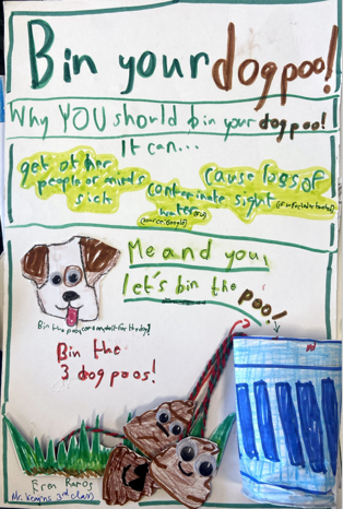 Dog Fouling poster featuring a dog with googly eyes and cylindrical bin attached to the page with paper dog poos attached to the bin via strings  with the slogan: Bin your dog poo