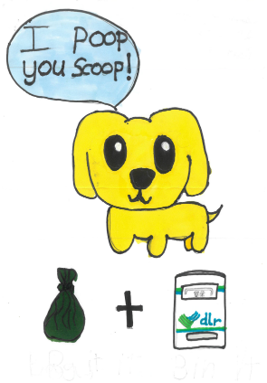 Dog Fouling poster featuring A cartoon yellow dog with a dog poo and a belly bin underneath  with the slogan:I Poop you Scoop!