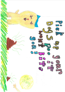 Dog Fouling poster featuring A dog with a bow on its head and smelly dog poo beside with the slogan: pick up your dogs poo it won't bite you!