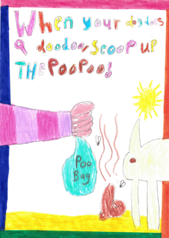 Dog fouling awareness poster from Oliver Plunkett Special School with the slogan: When your dog does a doodoo scoop up the poopoo