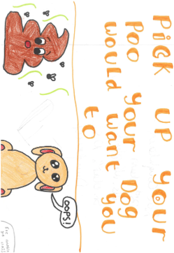 Dog Fouling poster featuring a dog saying &quot;oops&quot; and a large poo with flies besidewith the slogan: Pick up your poo your dog would want you to