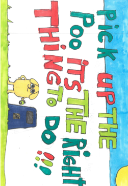 Dog Fouling poster featuring a dog standing up and holding a dog poo bag in its handwith the slogan:Pick up the poo its the right thing to do