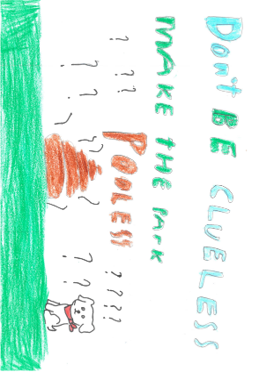 Dog Fouling poster featuring fog poo and a dog in the park with many question markswith the slogan: Dont be clueless make the park pooless