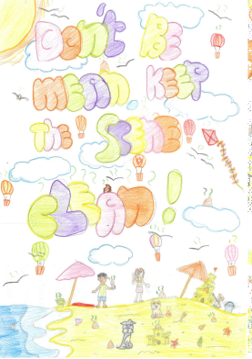 Dog Fouling poster featuring a beach scene with people dog and umbrellas on a sunny day with bubble letterswith the slogan: dont be mean keep the scene clean