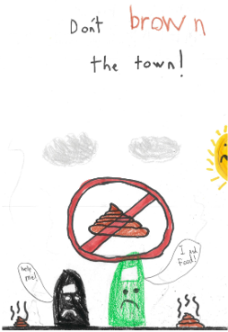 Dog Fouling poster featuring two bins with sad faces and a dog poo with a red cross through it with the slogan: dont brown the town