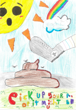 Dog Fouling poster featuring a foot about to step in a large poo with a rainbow and a sun behindwith the slogan: pick up you or poo or it might be you