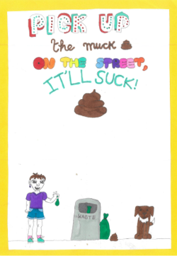 Dog Fouling poster featuring a person holding up a dog poo bag and a dog beside a bin with the slogan: pick up the muck or it'll suck