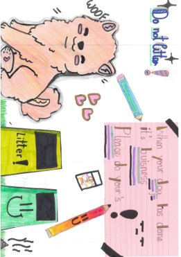 Dog Fouling poster featuring a cartoon happy dog standing beside two bins with the slogan: When your dog has done its business please do yours