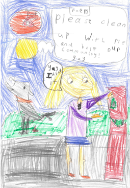 Dog Fouling poster featuring a person putting a dog poo bag in a bin with the slogan: Please clean up with the help of the community yay