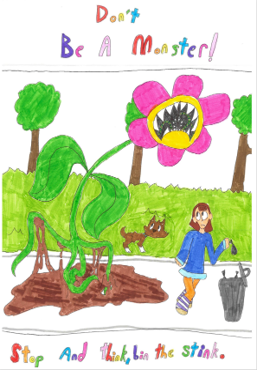 Dog Fouling poster featuring a plant monster chasing a person to put their dog poo bag in the bin with the slogan: Don't be a monster stop and bin the stink