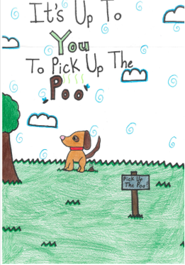 Dog Fouling poster featuring a dog standing in a park with a sign warning against dog fouling with the slogan: It's up to you to pick up the poo