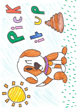 Dog Fouling poster featuring a winking dog and a dog poo with the slogan: Pick it up