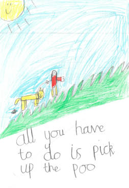 Dog Fouling poster featuring a dog walking with a person on a sunny day  with the slogan: all you have to do is pick up the poo