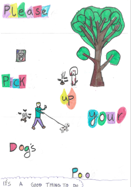 Dog Fouling poster featuring a person waking their dog with a nearby tree another dog and a dog poowith the slogan: please pick up your dogs poo