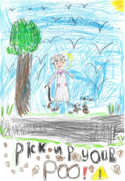 Dog Fouling poster featuring a person walking amongst many poos with the slogan: pick up your poo