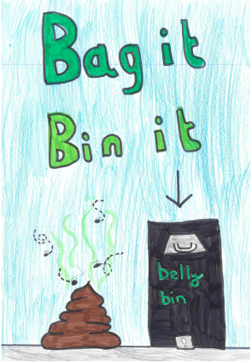 Dog Fouling poster featuringa dog poo and a belly bin with the slogan: Bag it Bin it