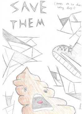 Dog Fouling poster featuring a dog poo screaming in fear as it is about to be squashed by a shoe with the slogan: save them