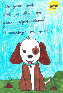 Dog Fouling poster featuring a  happy dog beside two dog pooswith the slogan: Do your part pick up the poo your neighbourhood is counting on you