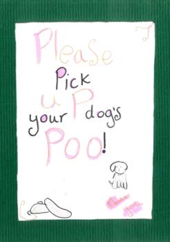 Dog Fouling poster featuring a dog and a dog poo with a green border with the slogan: Please pick up your dogs poo